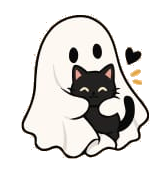 Fantasminha abraçando um gatinho preto