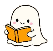 Fantasminha sorrindo com um livro aberto