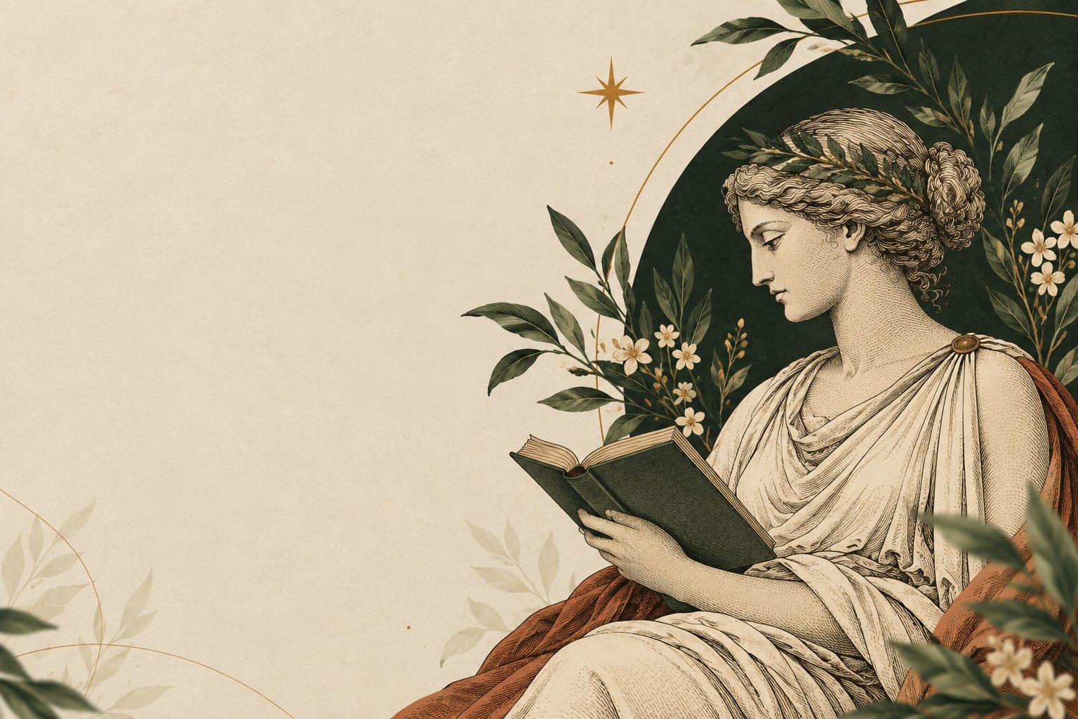 Ilustração em gravura de Minerva lendo um livro verde, cercada de folhas de oliveira e flores