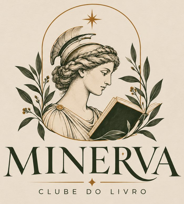 Logo da Minerva: Minerva de elmo lendo um livro, dentro de um arco dourado, com o nome Minerva · Clube do Livro